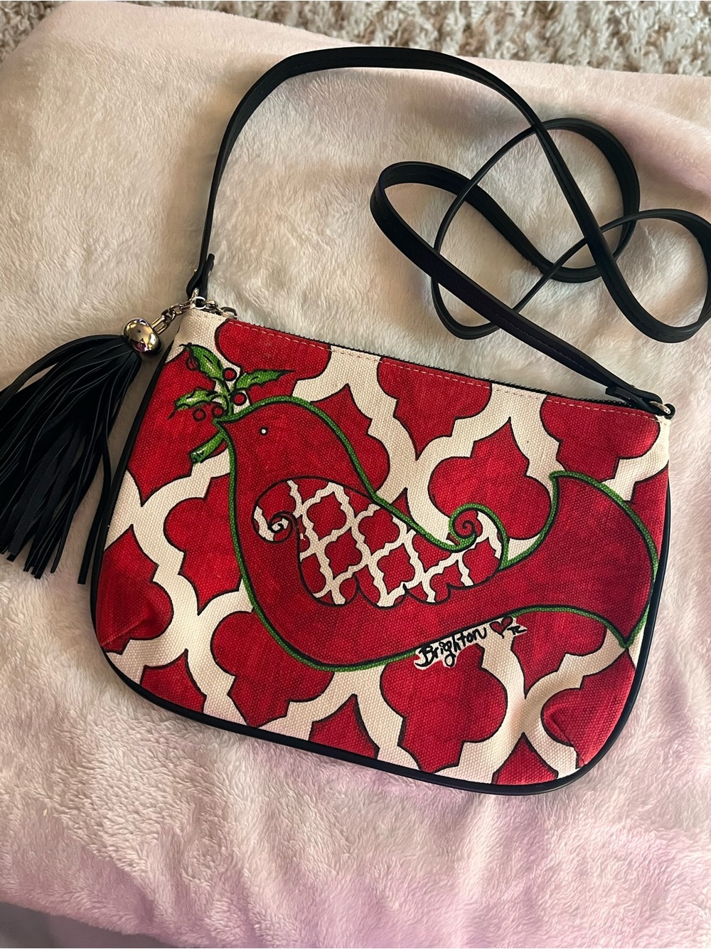 Brighton Red, White and Green Printed Crossbody with Tassel